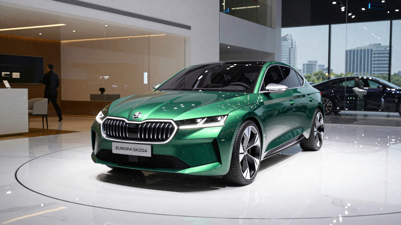 Carro verde metálico Skoda em exposição moderna com piso branco e janelas grandes ao fundo.