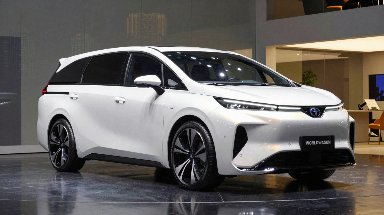 Veículo branco elétrico Toyota Worldwagon estacionado em ambiente interno moderno.