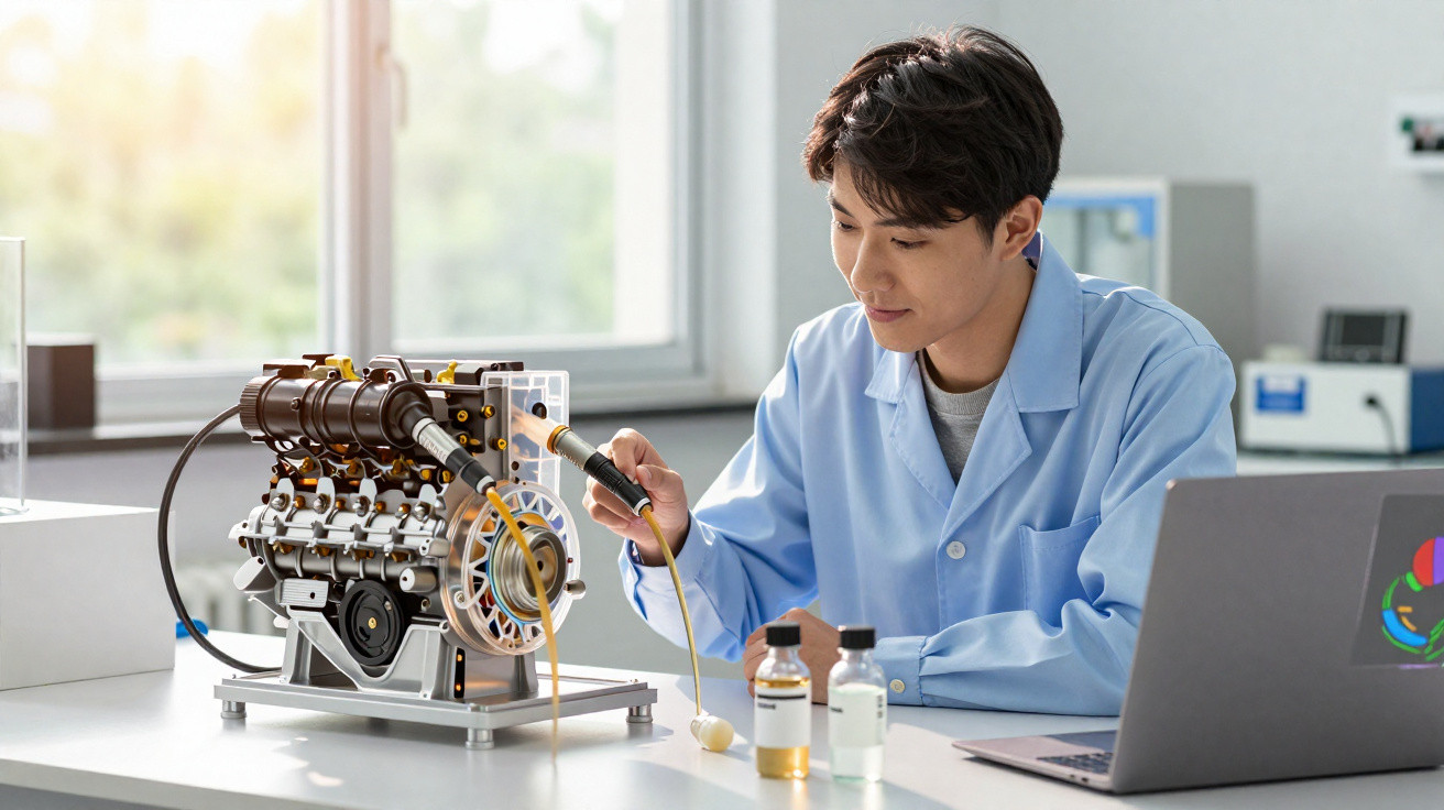 Jovem cientista em laboratório analisa modelo de motor com equipamentos eletrônicos e notebook.