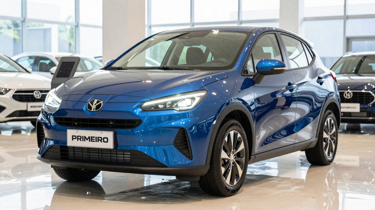 Carro azul modelo hatch compacto em exposição dentro de concessionária com luz natural.