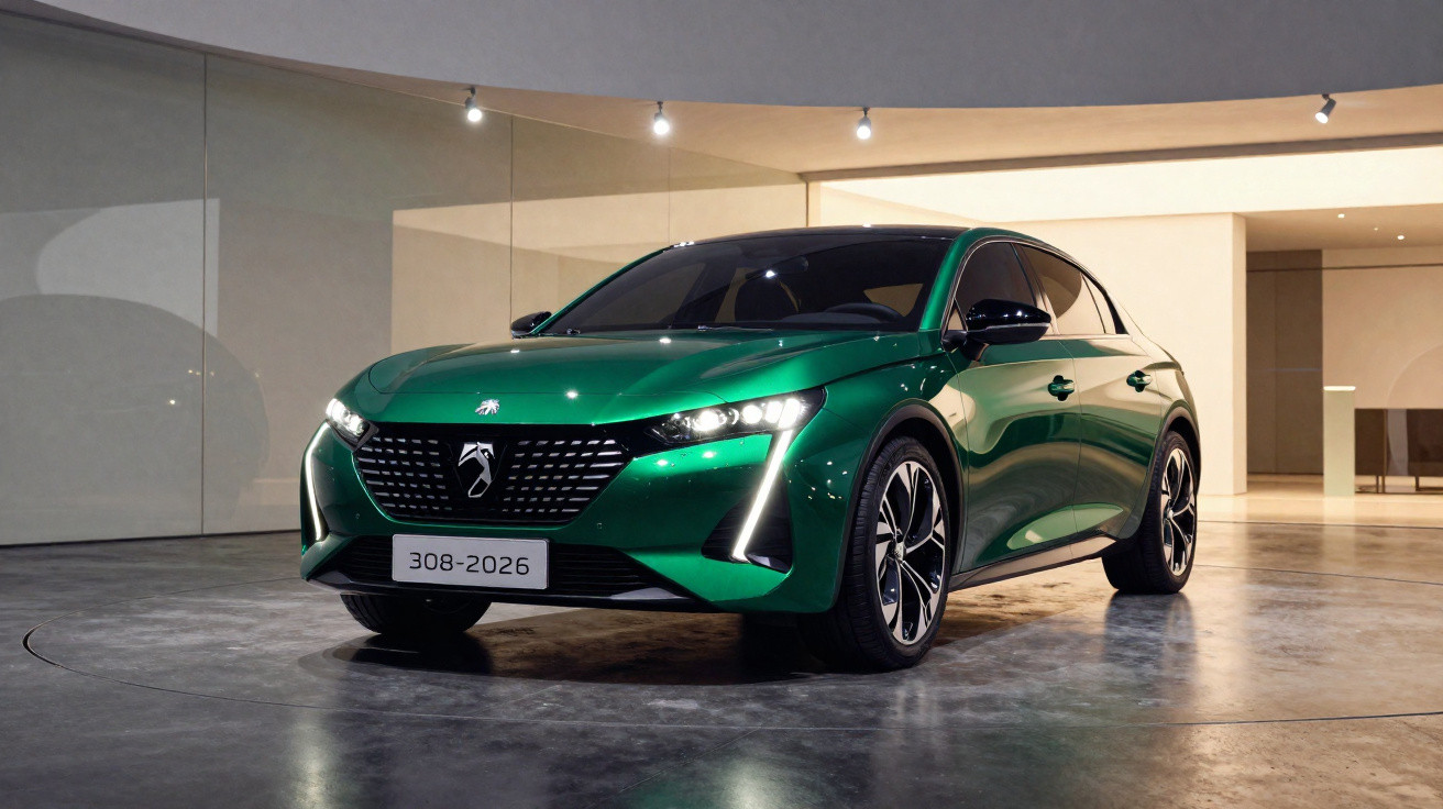 Carro elegante verde metálico Peugeot 308-2026 estacionado em ambiente interno moderno e iluminado.