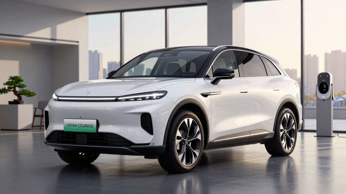 Carro elétrico SUV branco estacionado em ambiente interno moderno com carregador ao fundo.