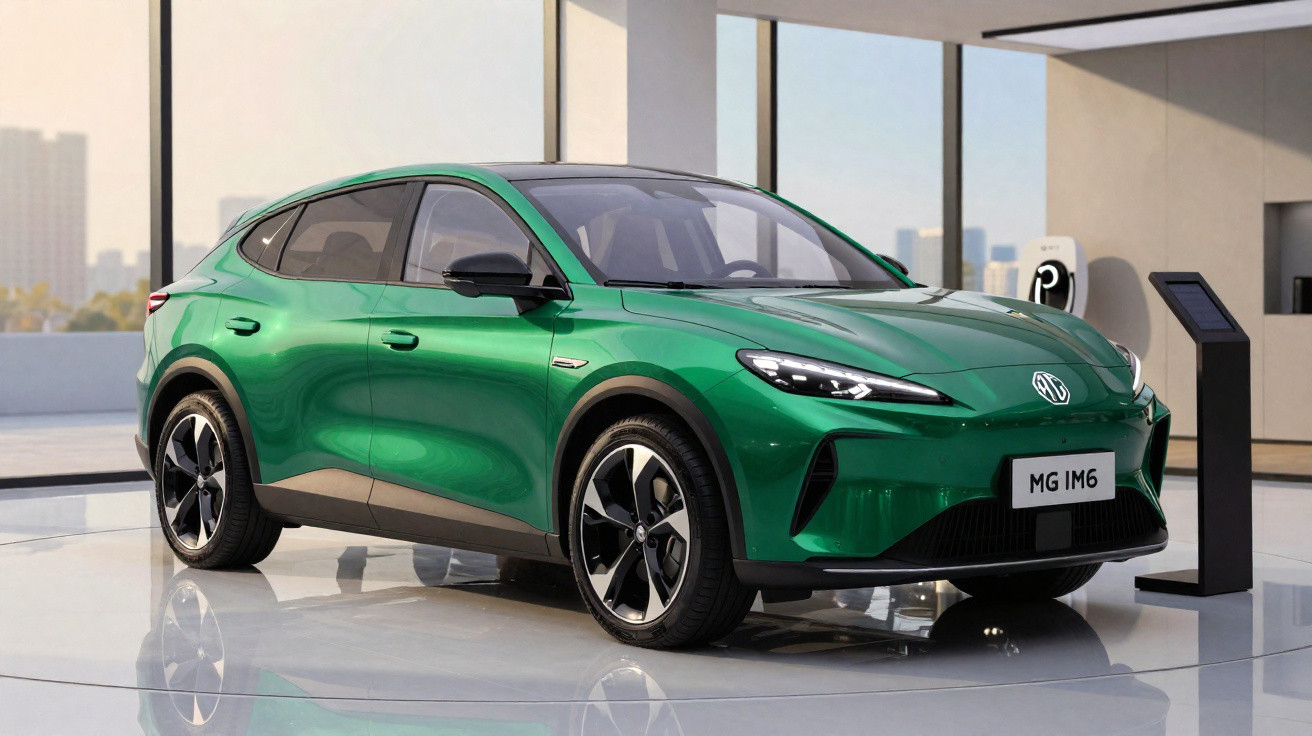 Carro elétrico verde MG IM6 estacionado em showroom moderno com parede de vidro ao fundo.