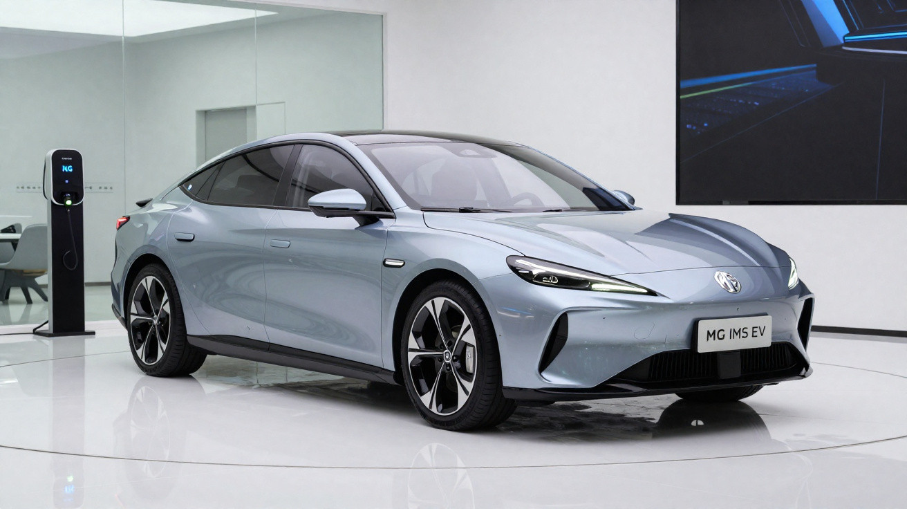 Carro elétrico prata MG IMS EV exibido em sala branca com carregador elétrico ao fundo.