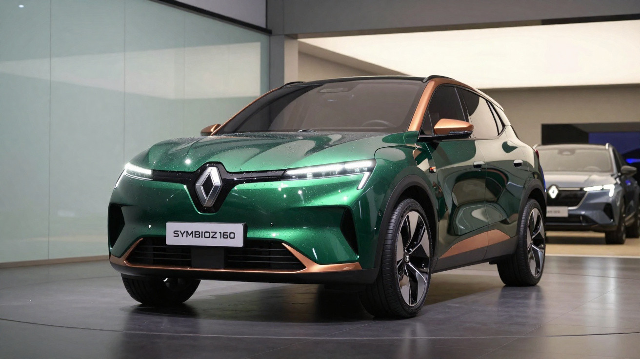 Carro elétrico Renault Symbioz 160 verde com detalhes em cobre em exposição interna.