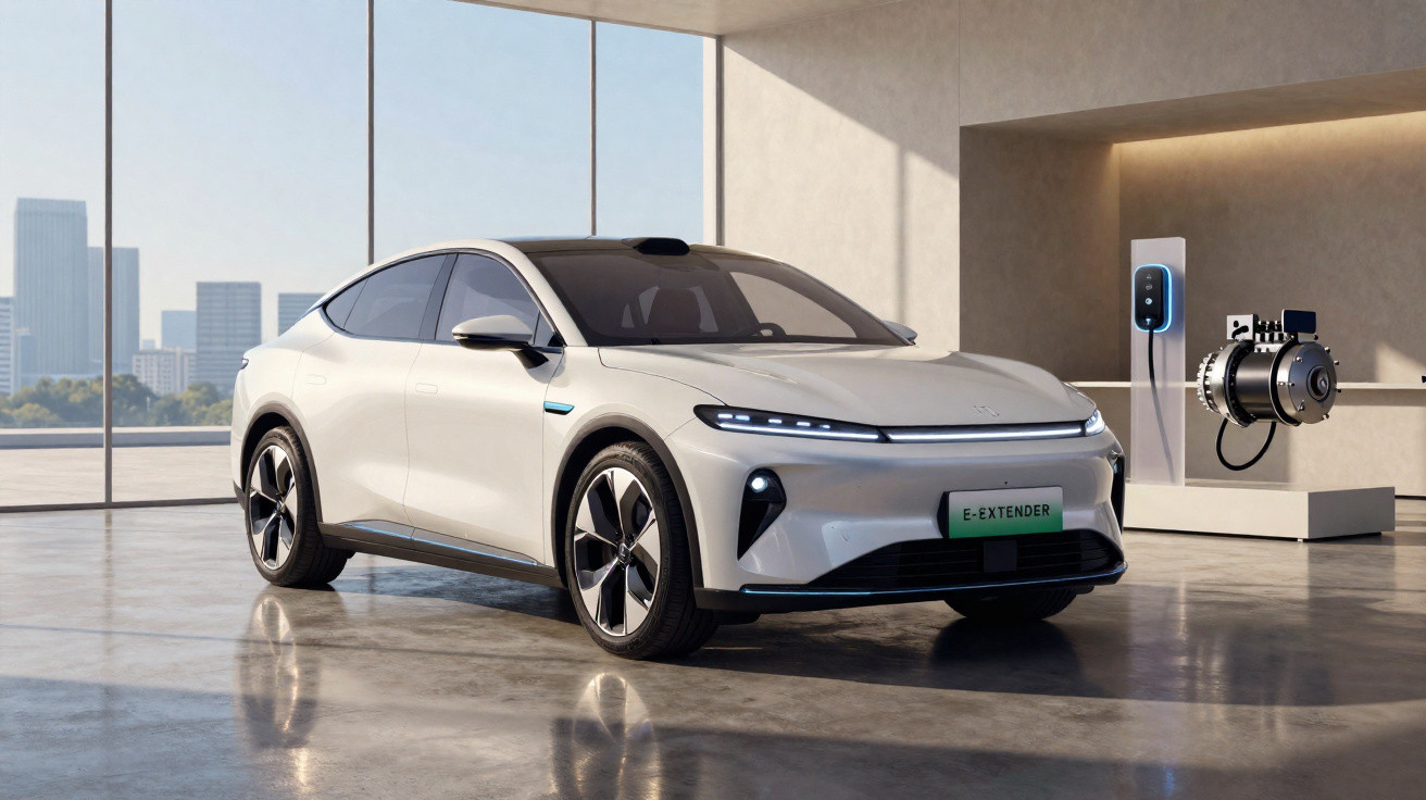 Carro elétrico branco estacionado em sala moderna com parede de vidro e equipamento de recarga ao fundo.