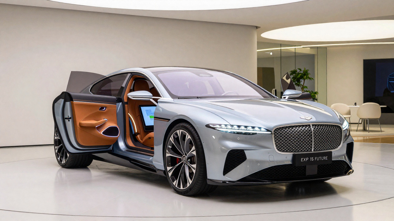 Carro elétrico de luxo cinza com portas abertas e interior em couro marrom exibido em showroom moderno.