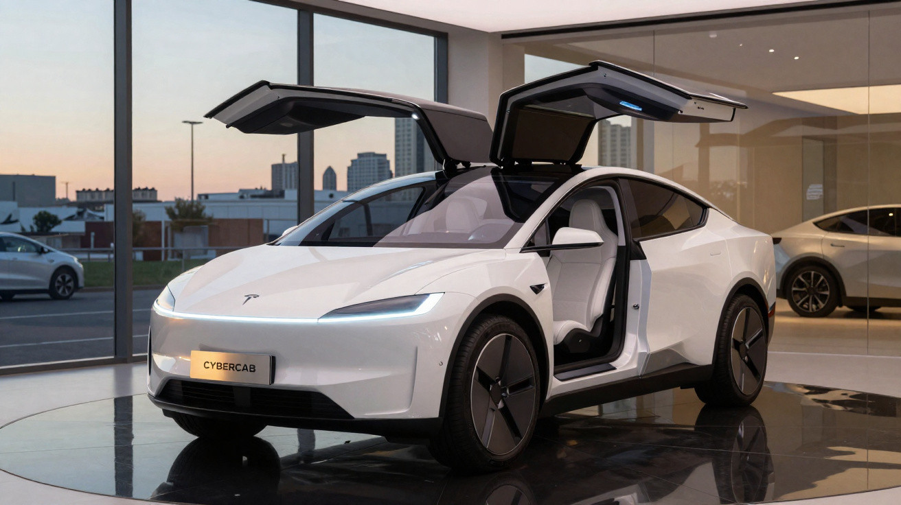 Carro elétrico Tesla branco com portas estilo asas de gaivota abertas em showroom moderno.