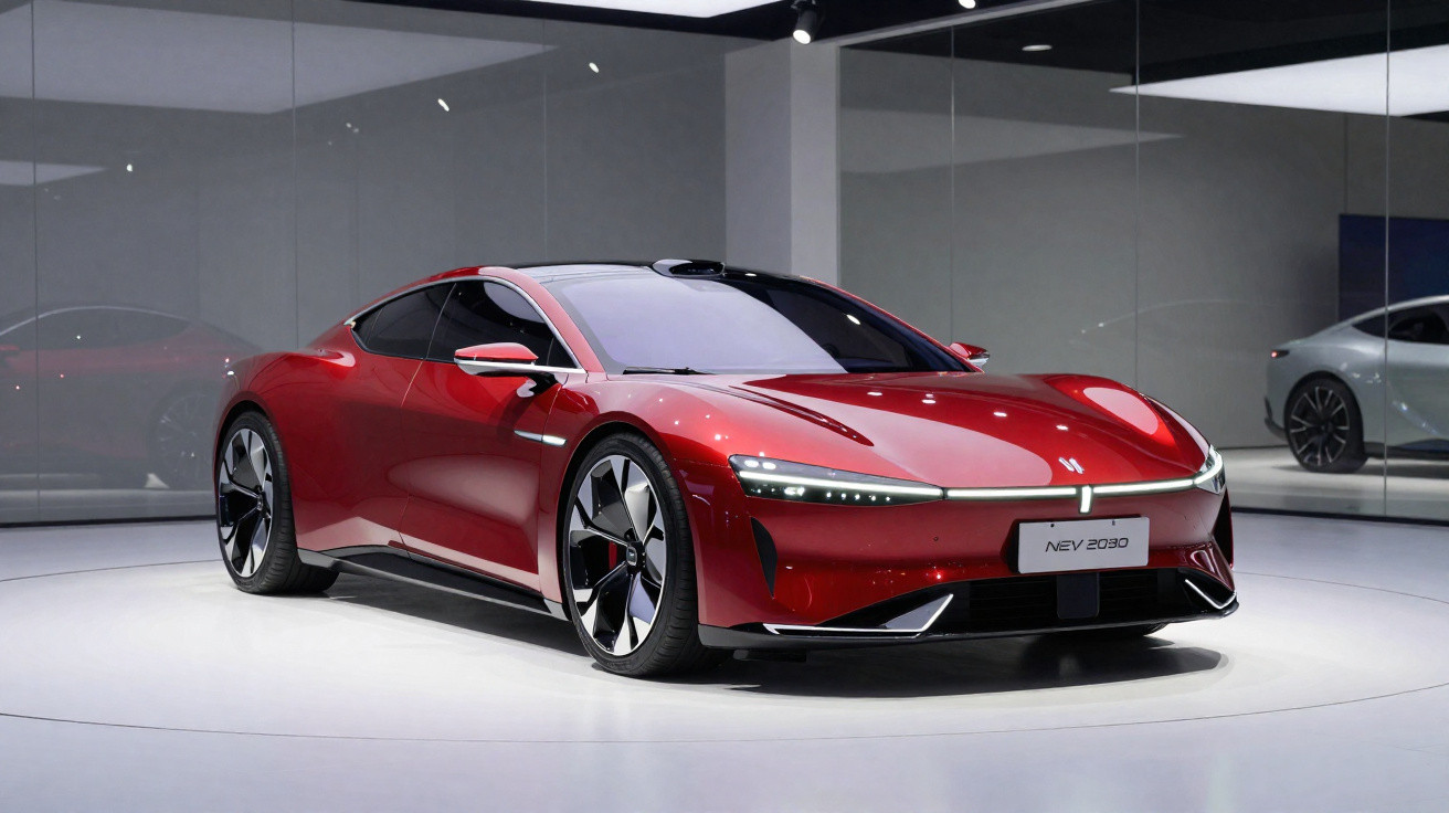 Carro esportivo elétrico vermelho, moderno e futurista, exibido em ambiente com paredes espelhadas.