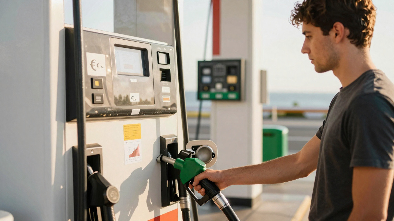 Jovem de camiseta preta segurando bomba para abastecer carro em posto de gasolina ao ar livre.
