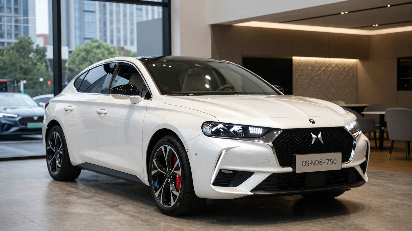 Carro branco moderno DS Automobiles exposto em showroom com janelas grandes ao fundo.
