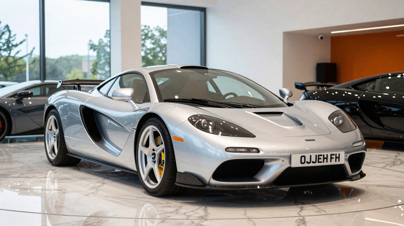 Carro esportivo prata McLaren estacionado em showroom com piso de mármore e outros carros ao fundo.
