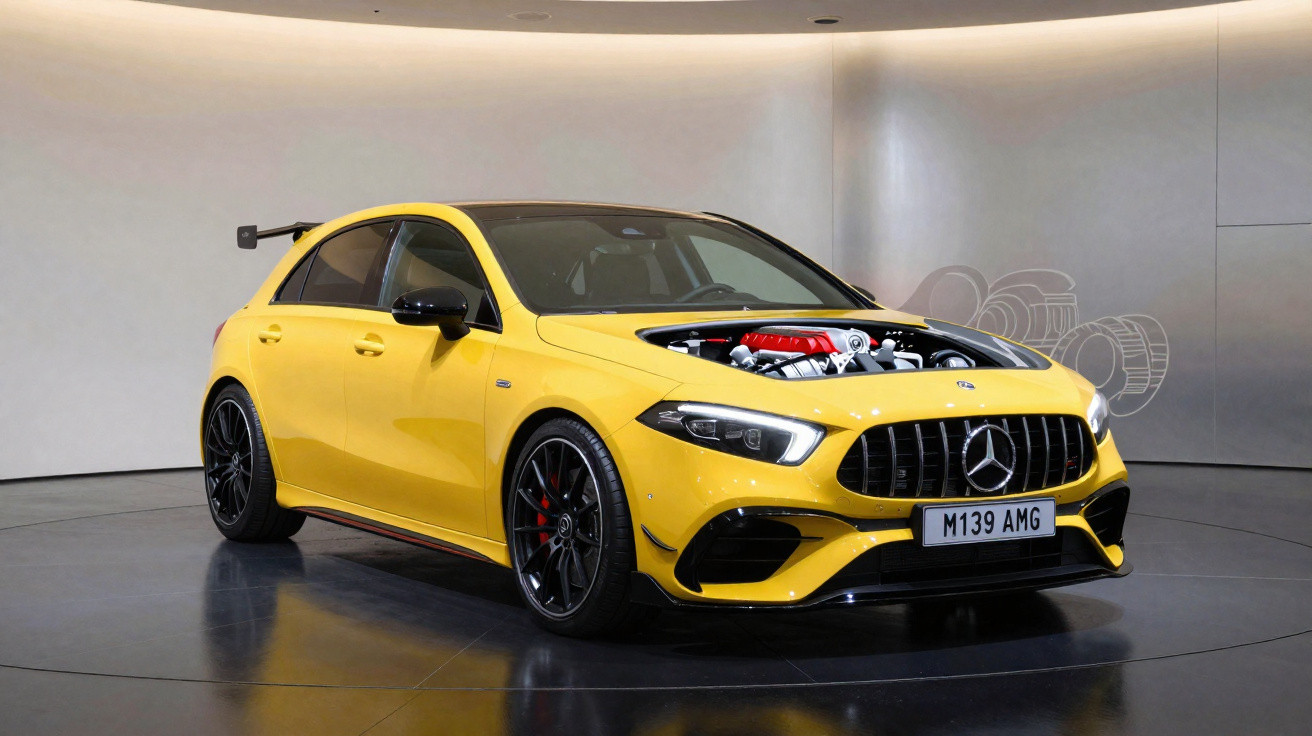 Carro esportivo Mercedes-AMG amarelo com capô transparente exibindo motor detalhado em salão moderno.