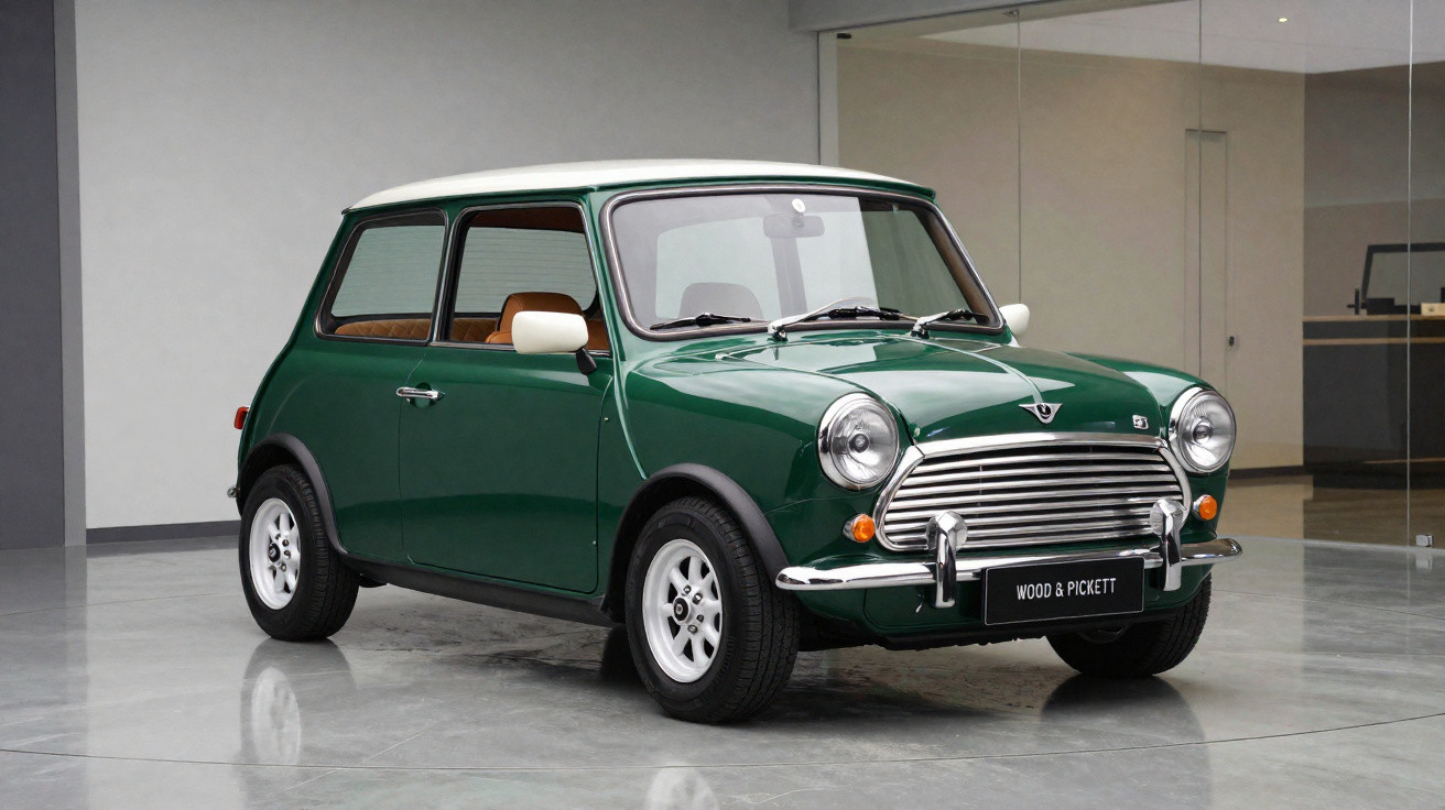 Carro clássico Mini Cooper verde com teto branco em ambiente interno moderno, chão de concreto polido.