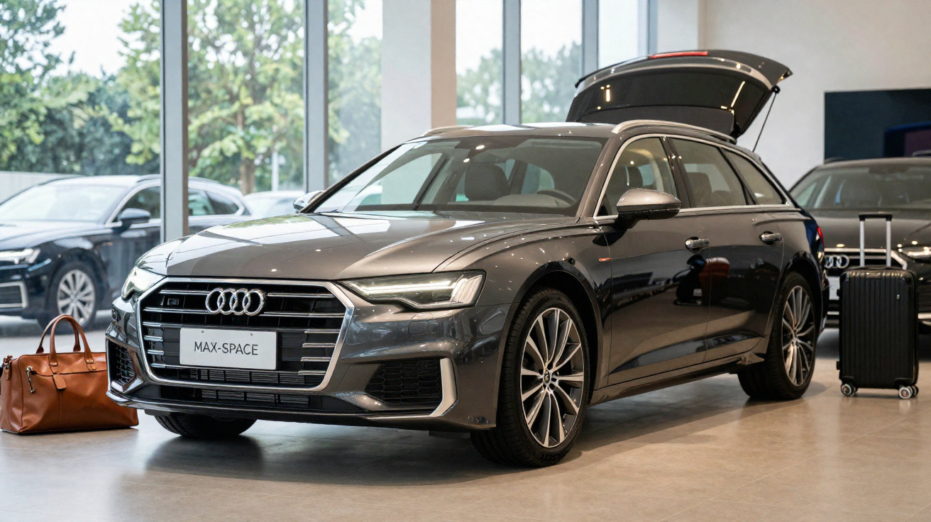 Carro Audi cinza estacionado em showroom com porta-malas aberto e malas ao lado.