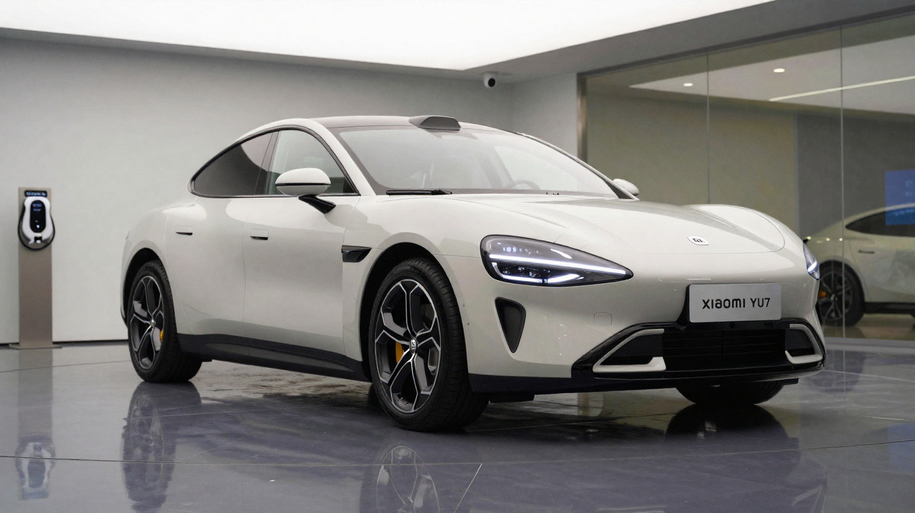 Carro elétrico branco estacionado em showroom moderno com estação de recarga à esquerda.