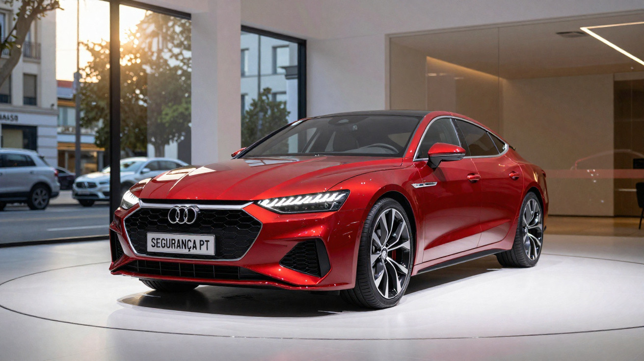 Carro esportivo Audi vermelho exibido em plataforma circular dentro de showroom moderno.