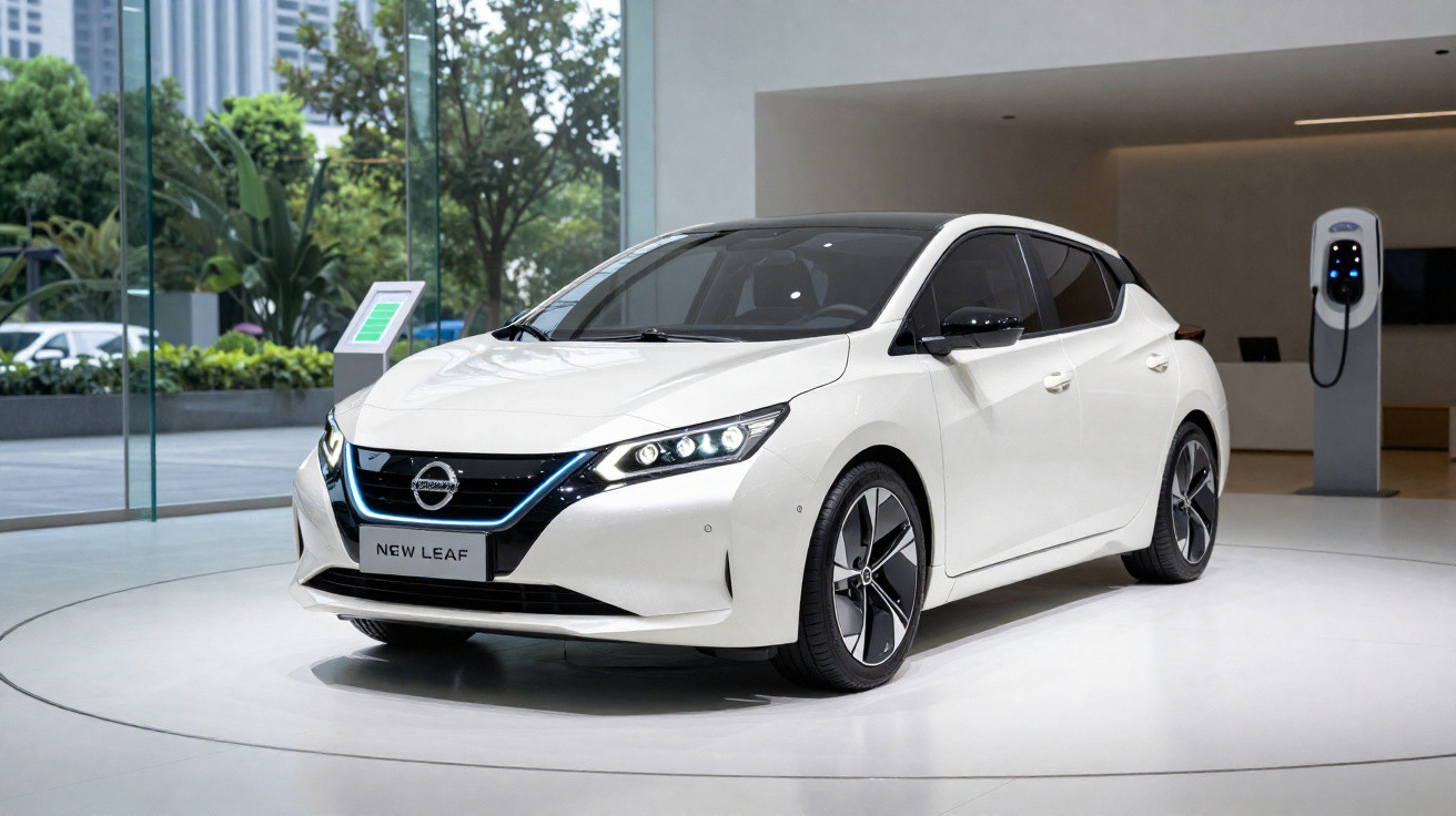 Carro elétrico branco Nissan New Leaf exposto em showroom moderno com carregador ao fundo.