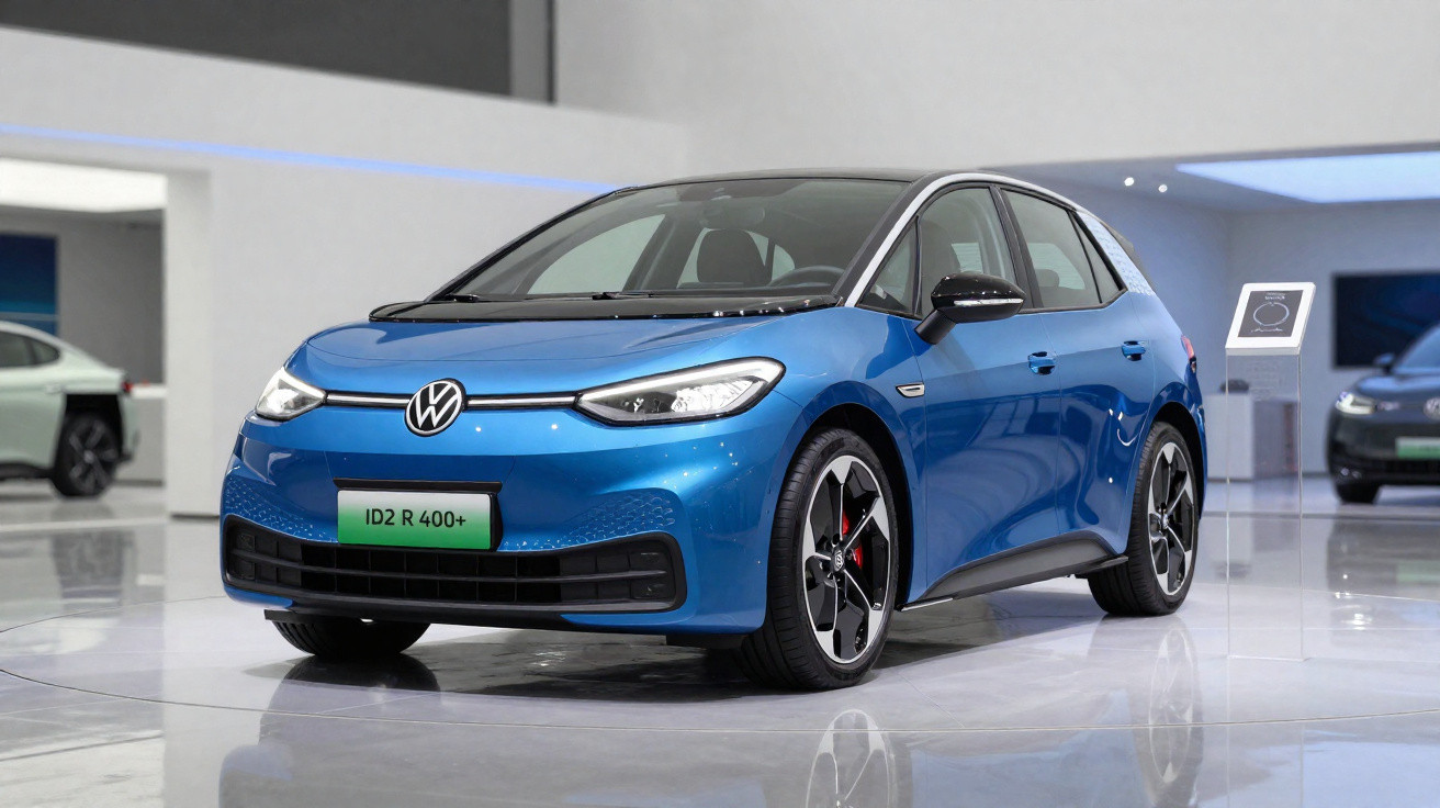 Carro elétrico Volkswagen ID.2 R 400+ azul exibido em showroom moderno.