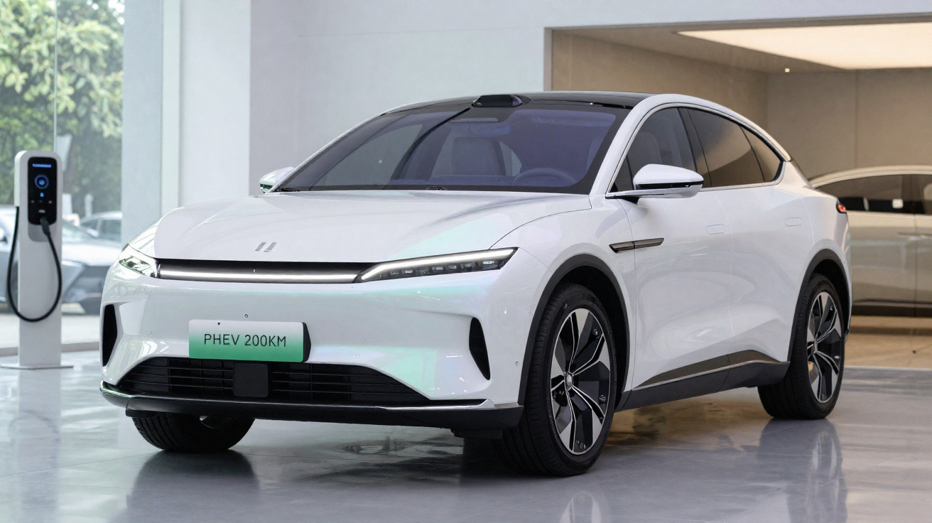 Carro elétrico branco modelo SUV em showroom moderno com estação de recarga ao lado.