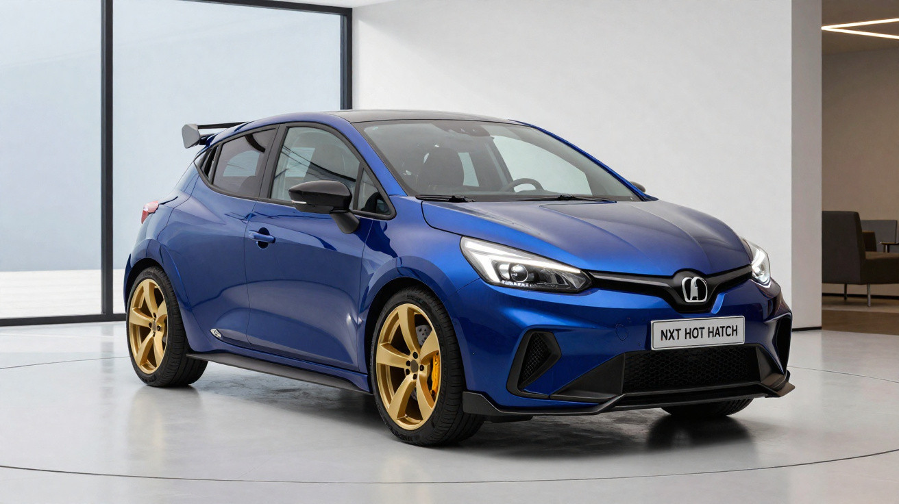 Carro hatch azul com rodas douradas exibido em ambiente interno minimalista e moderno.