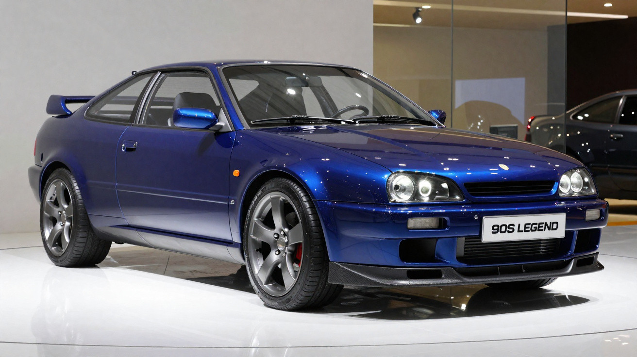 Carro esportivo azul metálico dos anos 90 exibido em salão, com placas "90S LEGEND".