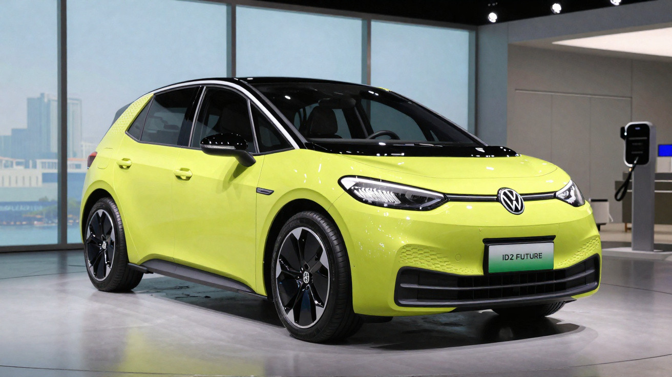 Carro elétrico Volkswagen ID.2 Future amarelo em exposição interna com fundo claro.