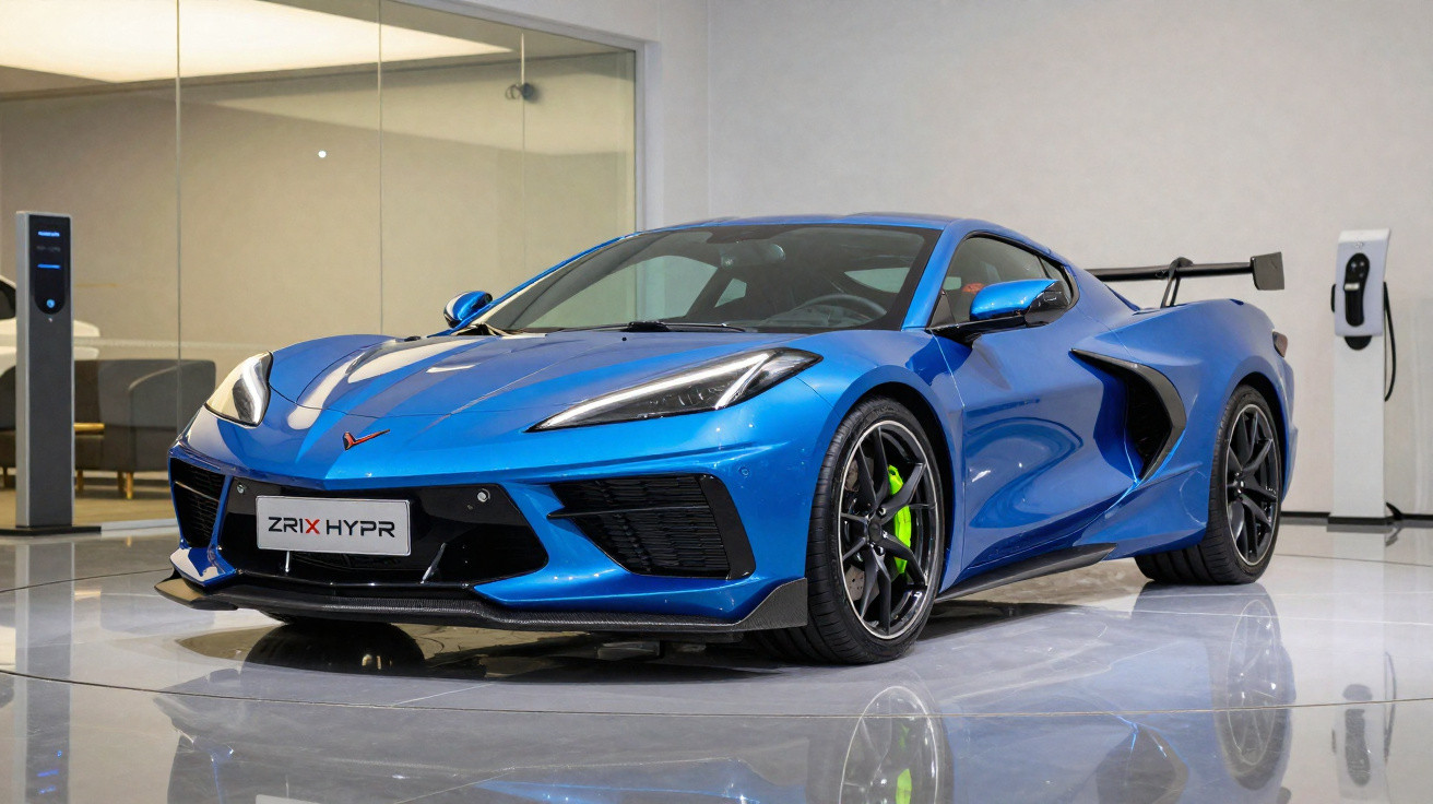 Carro esportivo azul brilhante com detalhes pretos e freios verdes, em ambiente moderno e iluminado.