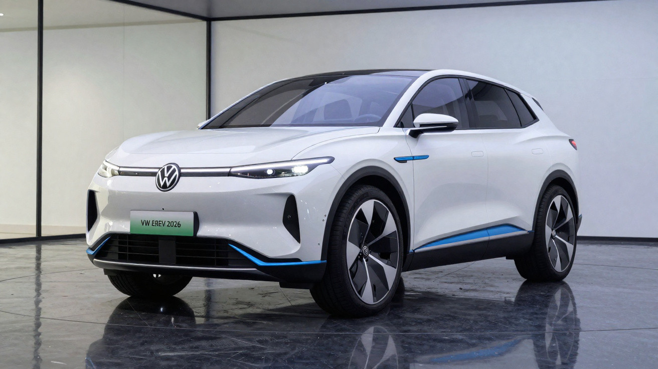 Carro elétrico Volkswagen branco VW EREY 2026 estacionado em ambiente interno minimalista.
