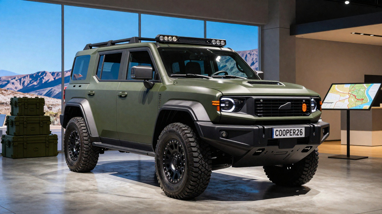 SUV verde militar com pneus off-road e luzes no teto exposto em ambiente interno moderno.
