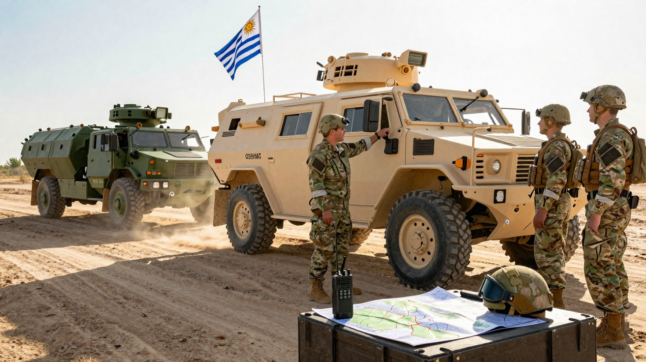 Soldados uniformizados ao lado de veículos militares blindados em ambiente desértico com bandeira do Uruguai.