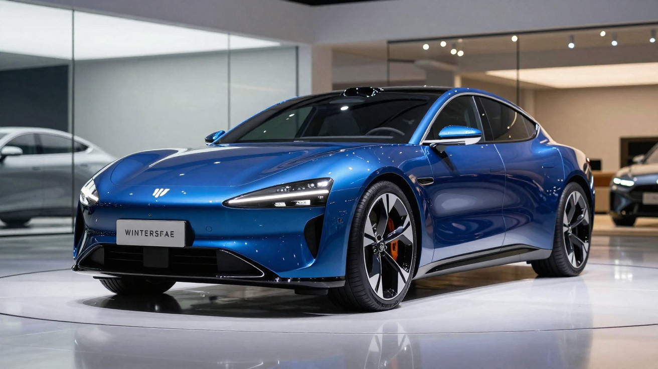Carro esportivo azul elétrico em exposição interna com design aerodinâmico e rodas esportivas.