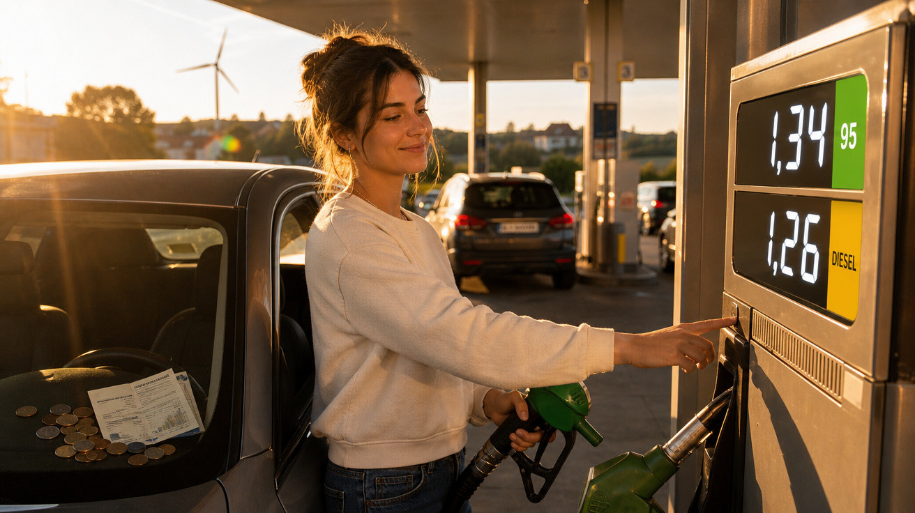 Mulher abastecendo carro em posto de gasolina ao pôr do sol com preços visíveis no painel.