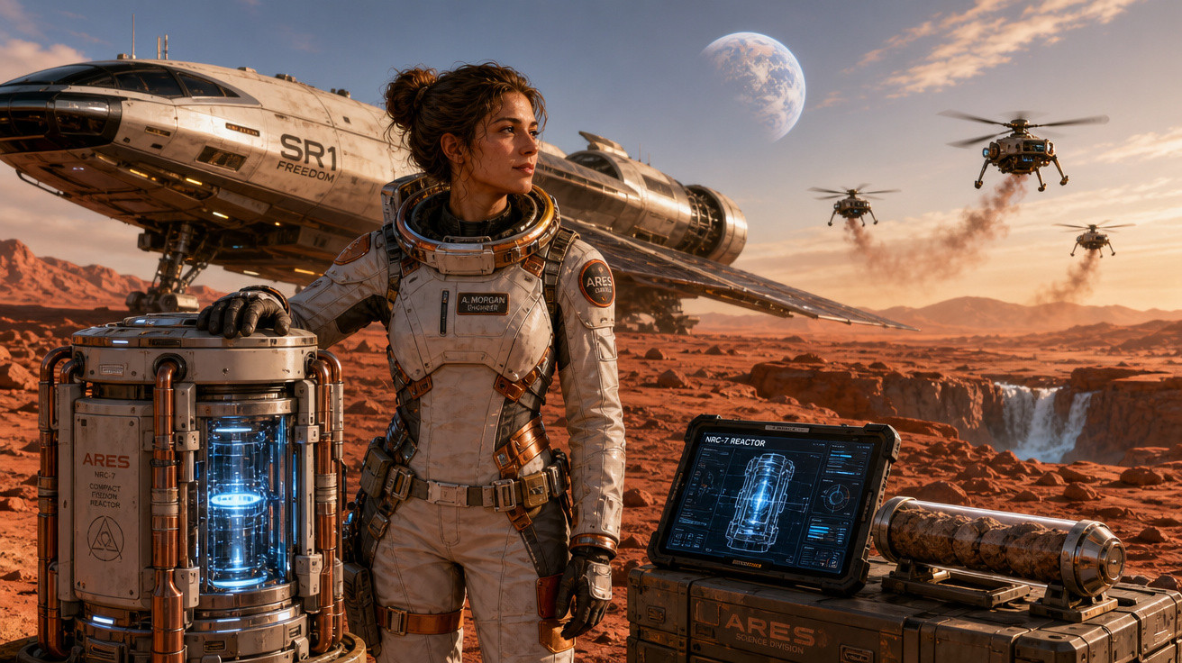 Astronauta feminina em traje espacial em planeta vermelho com equipamento tecnológico e helicópteros voando.