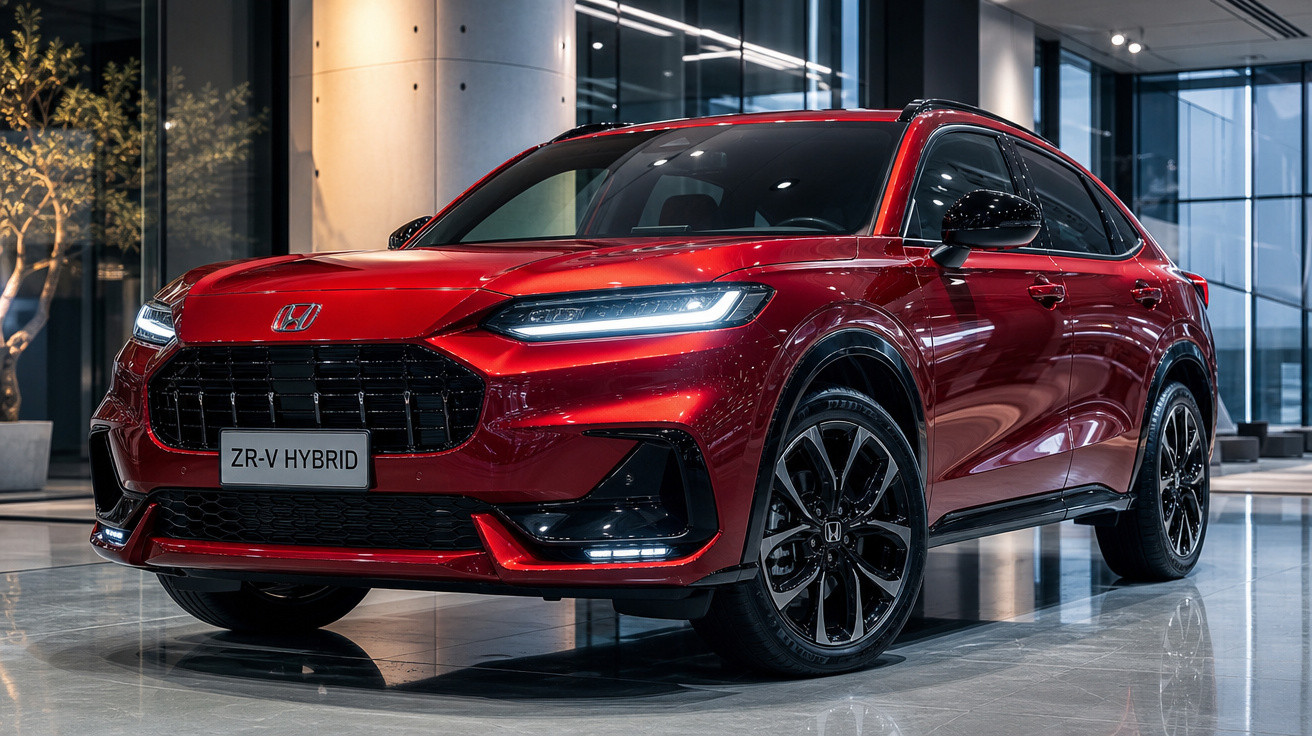 Carro SUV Honda ZR-V Hybrid vermelho estacionado em ambiente interno moderno e iluminado.