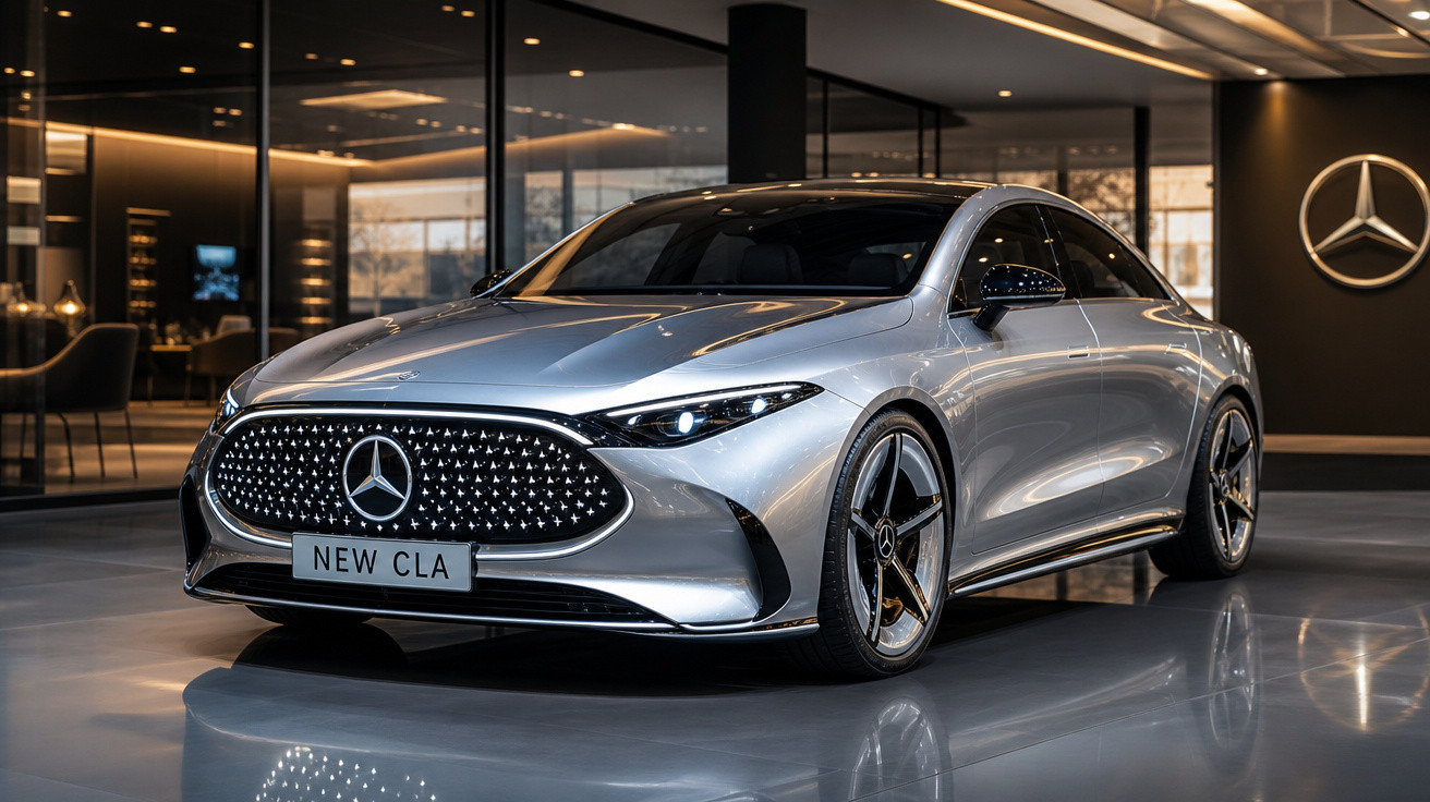 Carro Mercedes-Benz prata New CLA estacionado em ambiente interno moderno e iluminado.