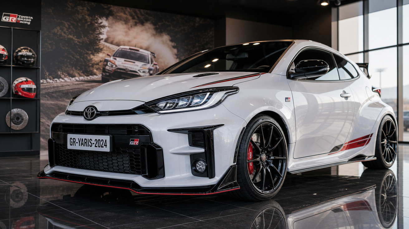 Carro esportivo Toyota GR Yaris 2024 branco em showroom com detalhes em vermelho e rodas pretas.