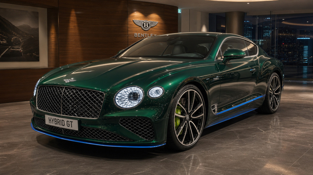 Carro esportivo Bentley Hybrid GT verde escuro em showroom luxuoso com parede de madeira ao fundo.