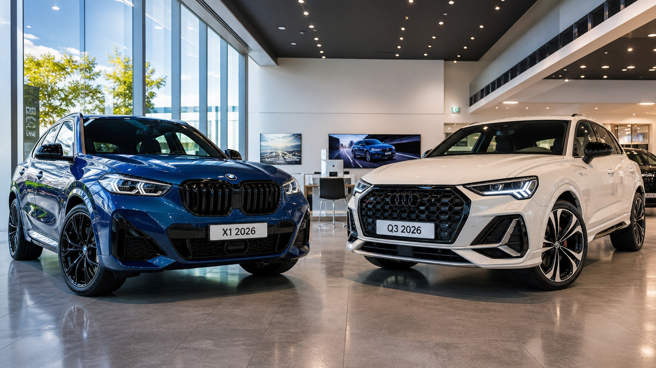 Carros BMW X1 2026 azul e Audi Q3 2026 branco exibidos em showroom moderno com iluminação interna.