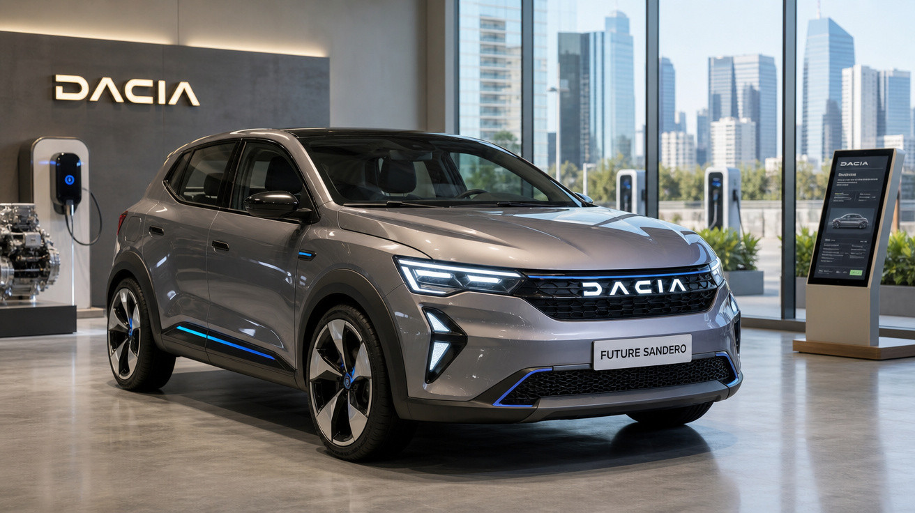 Carro elétrico Dacia Future Sandero cinza exibido em showroom moderno com vista de prédios ao fundo.