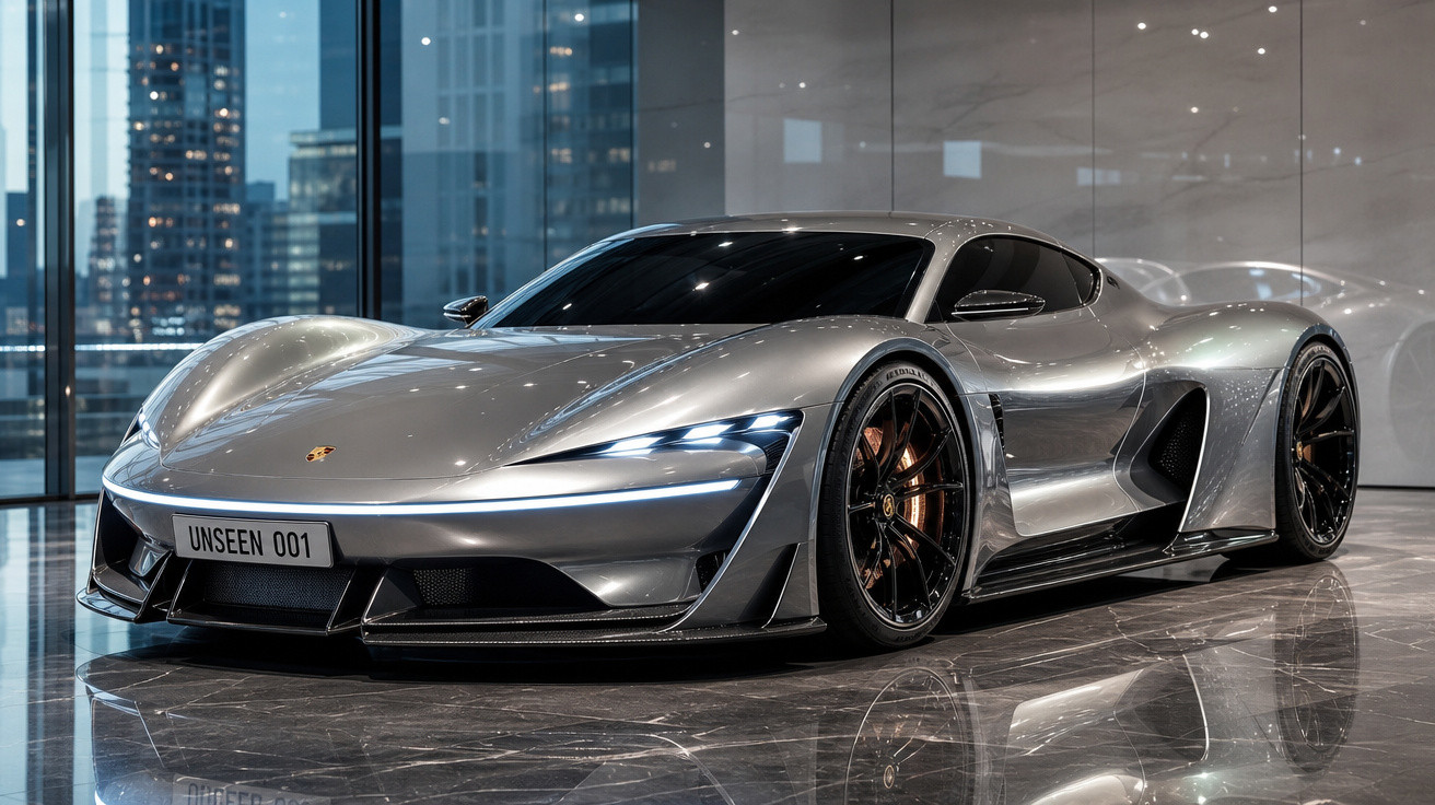 Carro esportivo prata Porsche estacionado em ambiente interno com piso refletivo e janelas com vista urbana noturna.