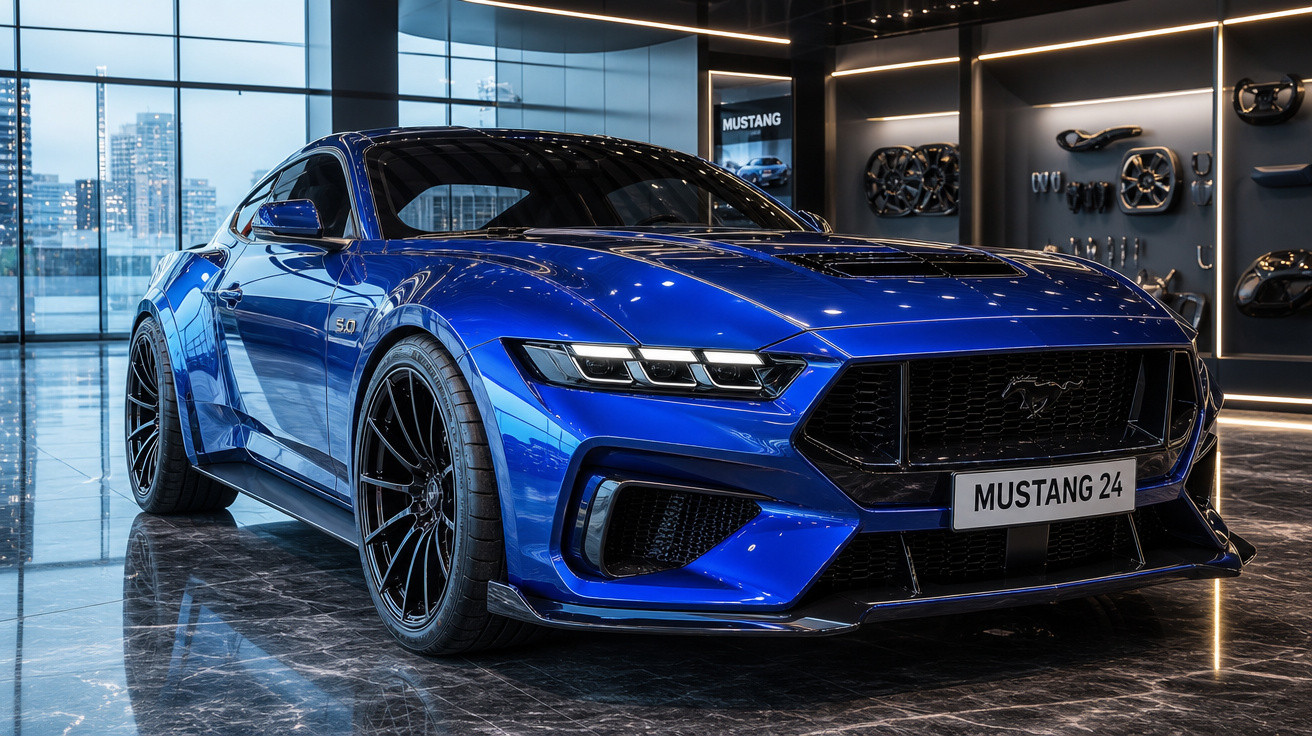 Carro esportivo azul Ford Mustang 24 estacionado em showroom moderno com piso refletivo e parede com peças automotivas.