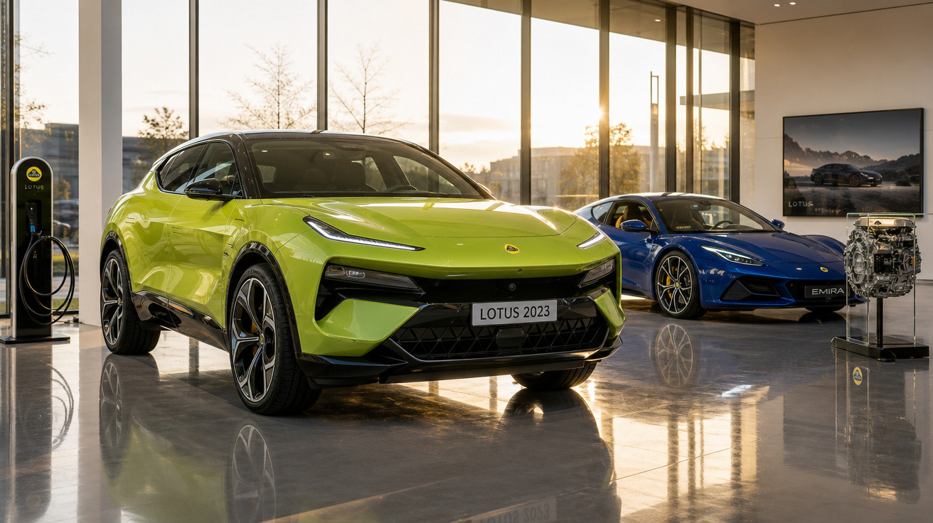 Dois carros esportivos Lotus, um verde e um azul, em showroom com painel de vidro e luz do sol.