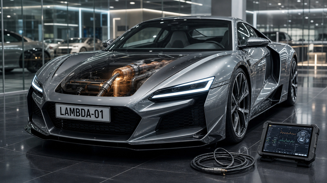 Carro esportivo prata com motor visível no capô e tablet com dados ao lado em ambiente moderno e iluminado.