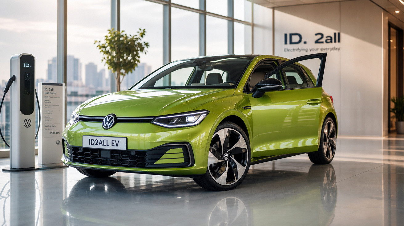 Carro elétrico Volkswagen ID.2all verde em showroom próximo a estação de recarga.