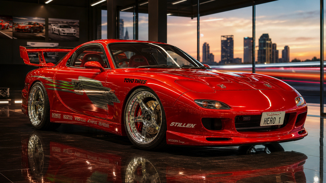 Carro esportivo vermelho com aerofólio, rodas cromadas e adesivos, em ambiente interno com vista para a cidade ao entardecer.