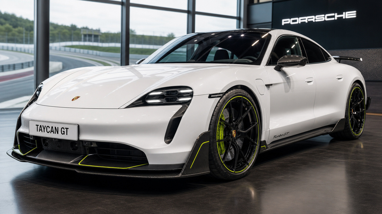 Carro esportivo elétrico Porsche Taycan GT branco exibido em showroom moderno com vidros e marca Porsche ao fundo.