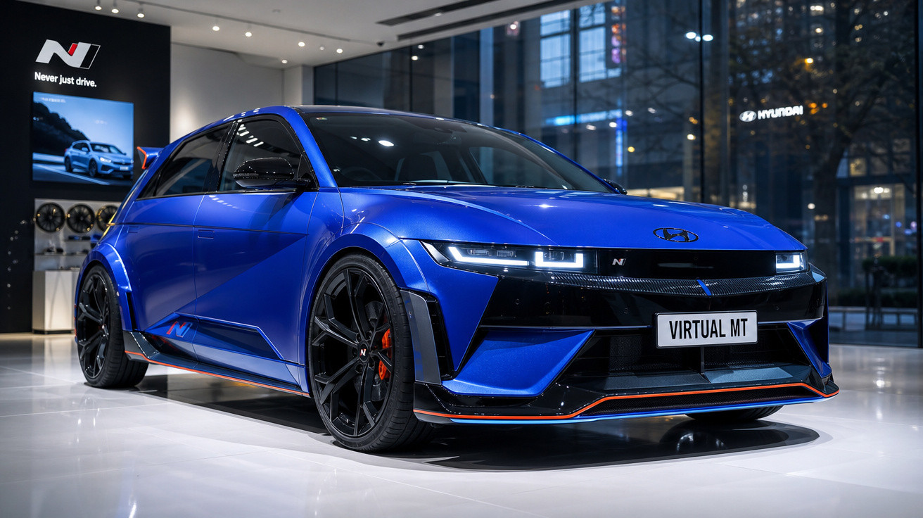 Carro esportivo Hyundai azul em exposição, modelo Virtual MT, ambiente moderno e iluminação interna.