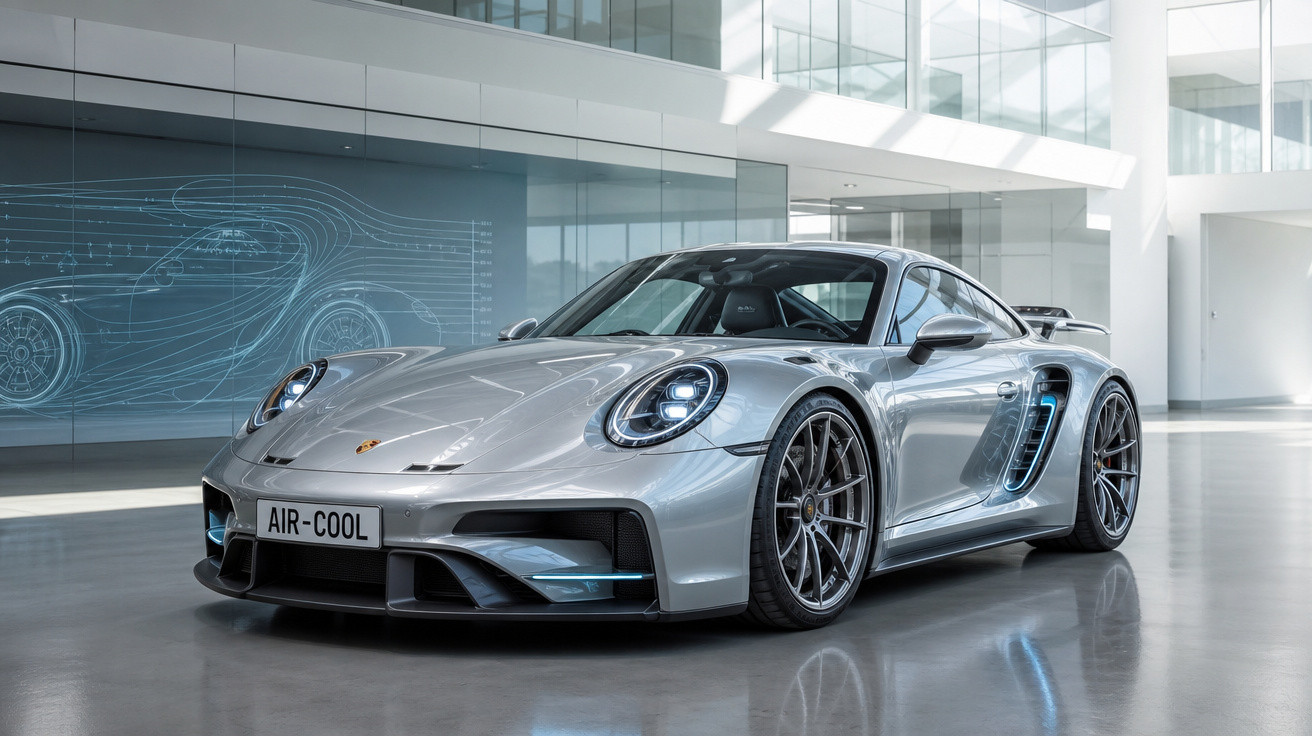 Carro esportivo Porsche prateado estacionado em garagem moderna com luz natural refletindo no piso brilhante.