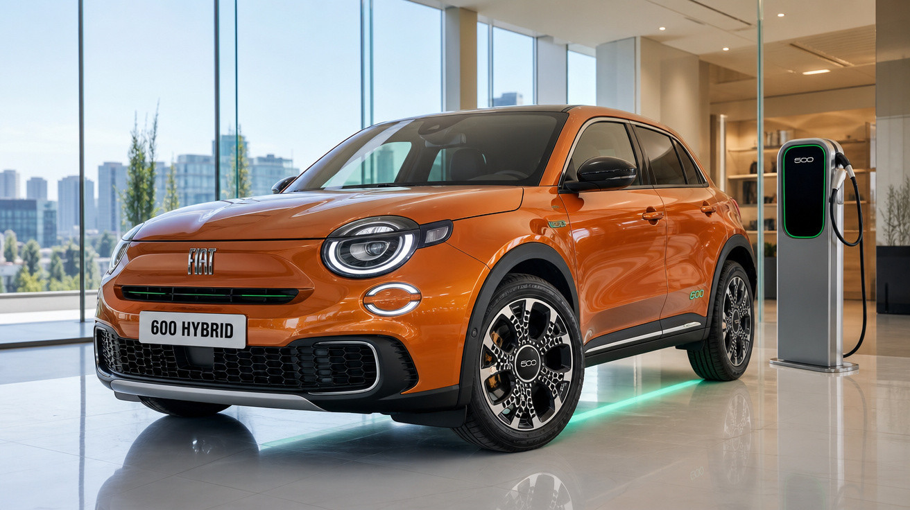 Carro Fiat 600 Hybrid laranja estacionado em showroom com estação de carregamento elétrica ao lado.